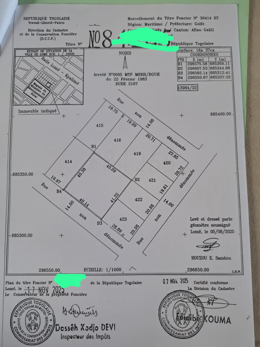 Terrain de 1500 m² à vendre à Adidogomé – 130 millions FCFA