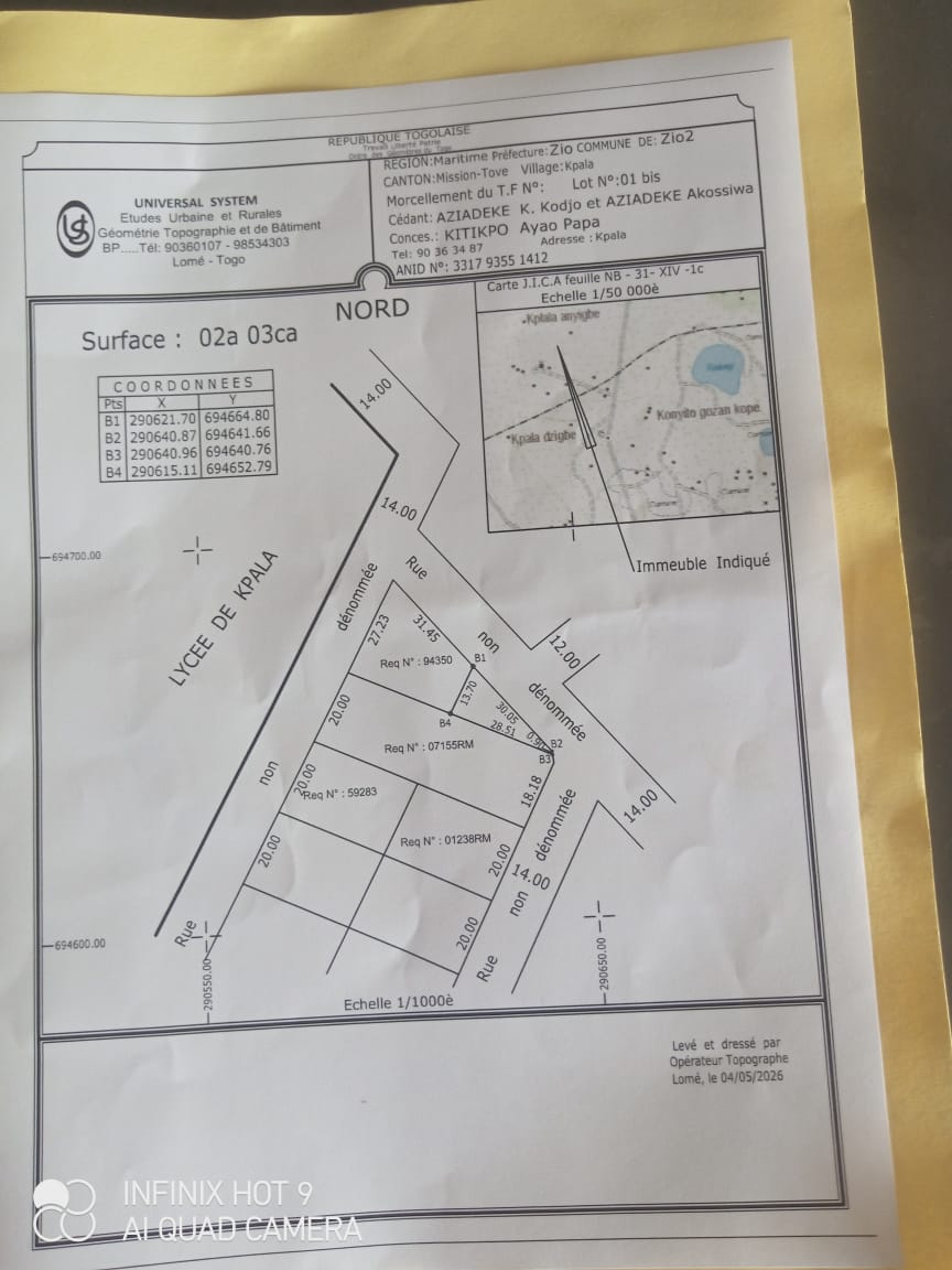 Terrain d'un quart de lot en vente à Kpala – 5 millions FCFA