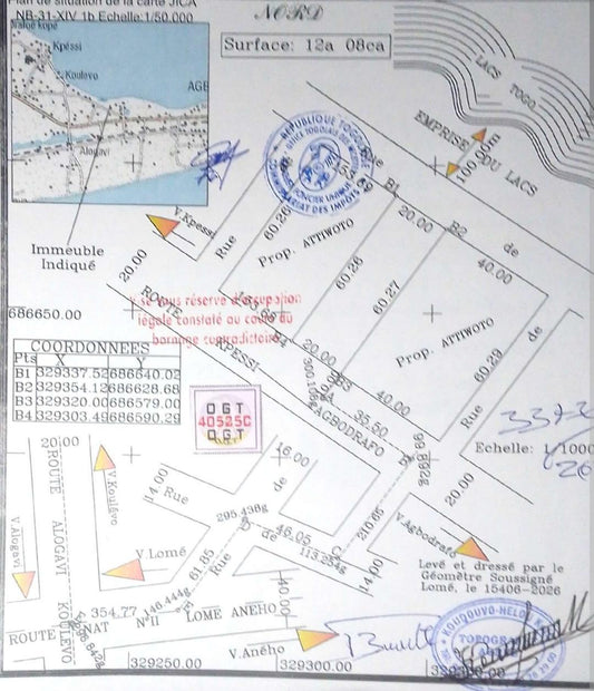 Terrain de 1208 m² en vente à Agbodrafo Alogavi au bord du lac – 60 millions FCFA