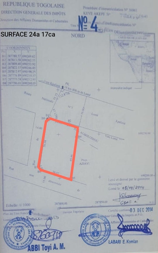 Terrain de 2400 m² en vente en bordure de goudron à Zanguéra – 30 millions FCFA le lot