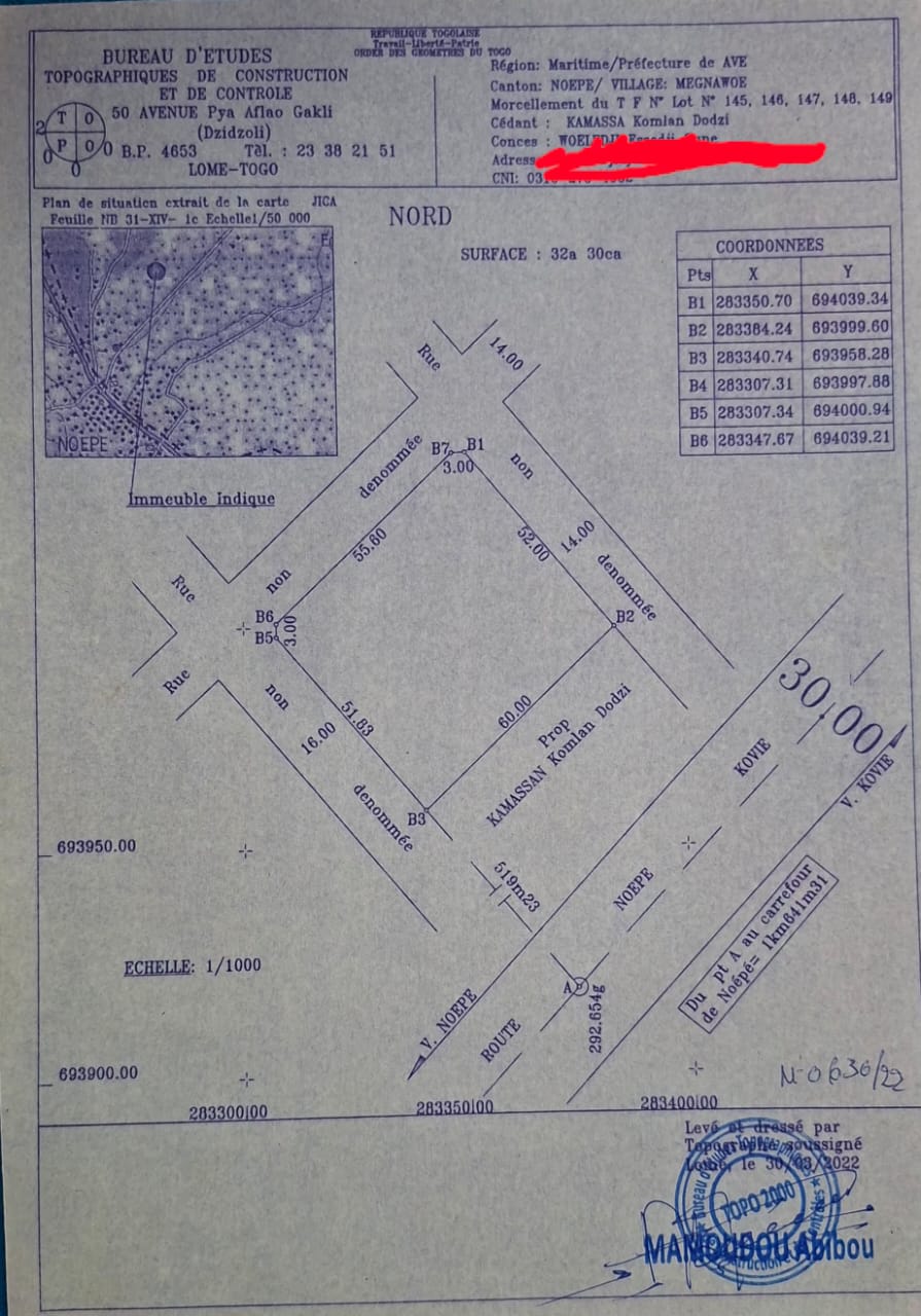 Terrain de 3260 m² en vente à Noepé – 30 millions FCFA