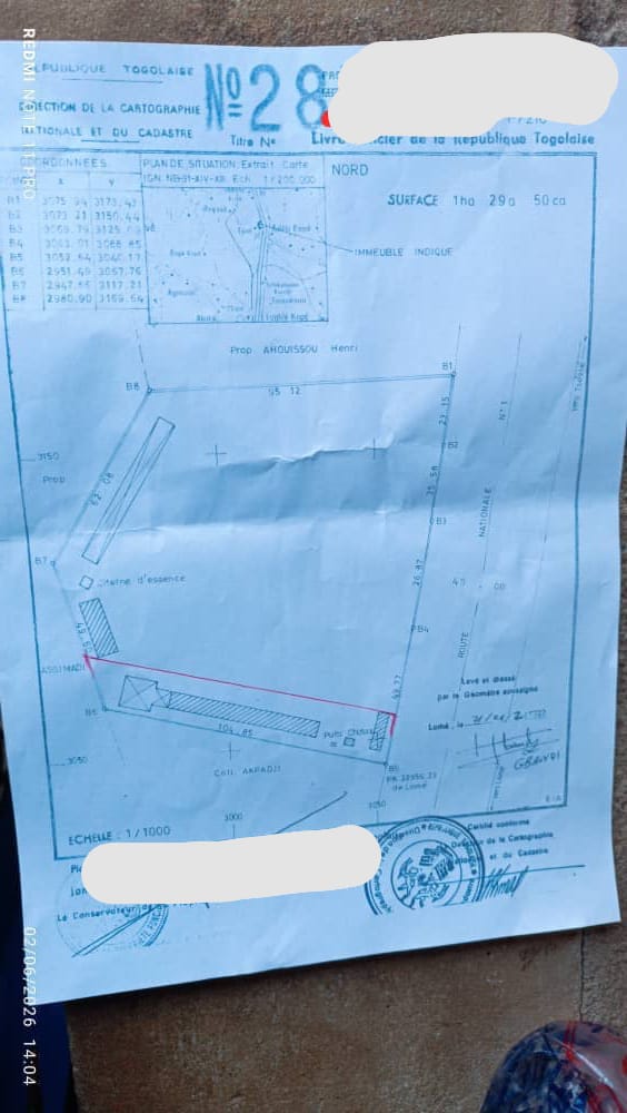 Terrain de 6000 m² en vente à Adetikopé PIA au bord du goudron Lomé Cinkassé – 50 millions FCFA le lot
