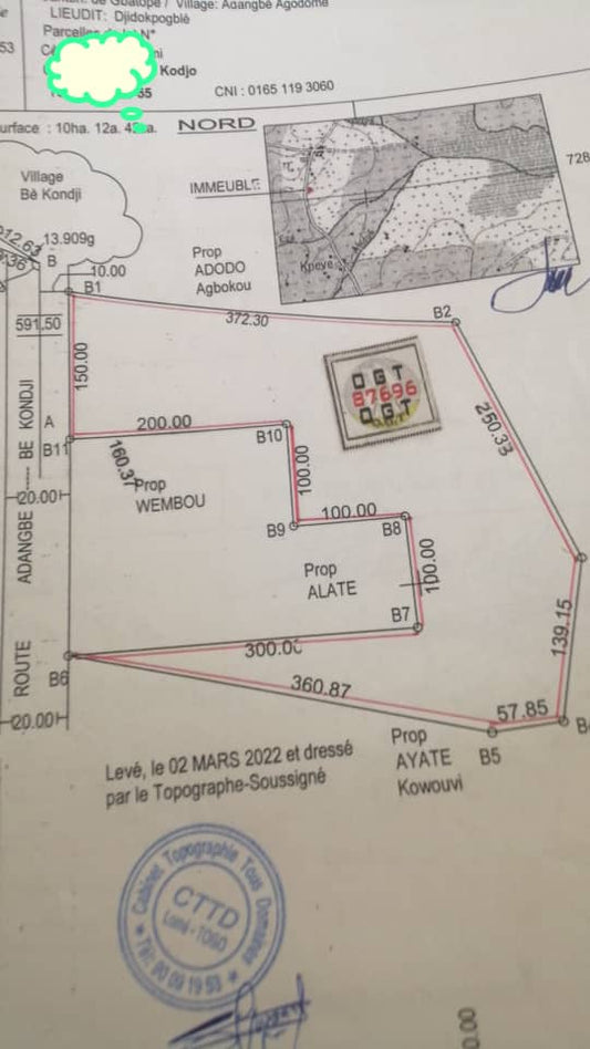 Terrain de 10 hectares en vente à Adangbé Kondji, préfecture du Zio – 1 800 000 FCFA l'hectare