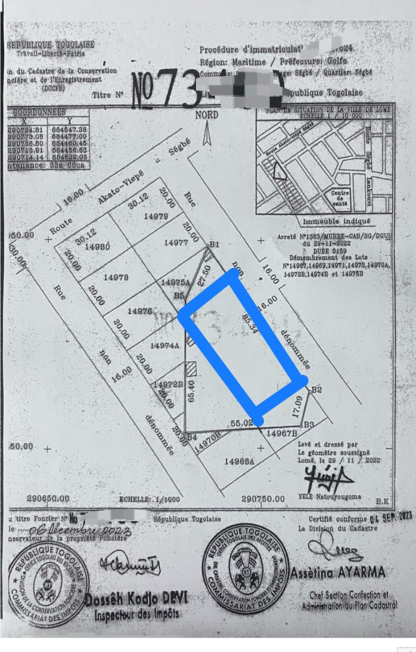 Terrain de 1800 m² en vente à Ségbé Douane – 35 millions FCFA l'unité