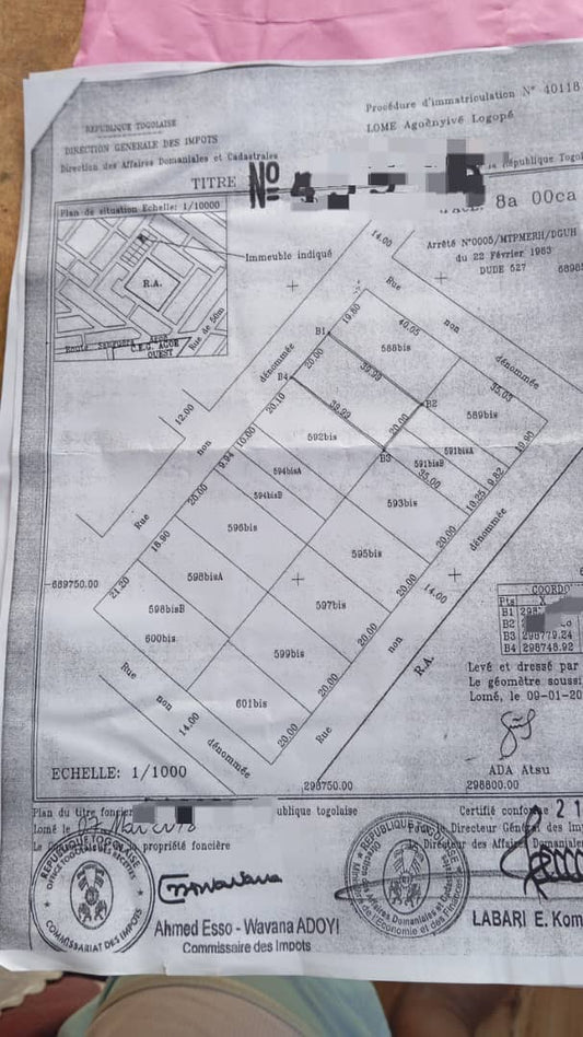 Terrain de 800 m² en vente à Agoè Kossigan 1 – 45 millions FCFA
