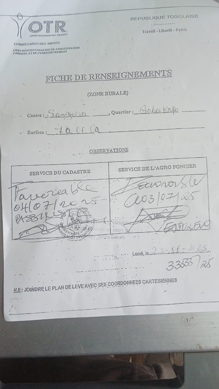 Terrain d'un lot en vente à Zanguera – 20 millions FCFA