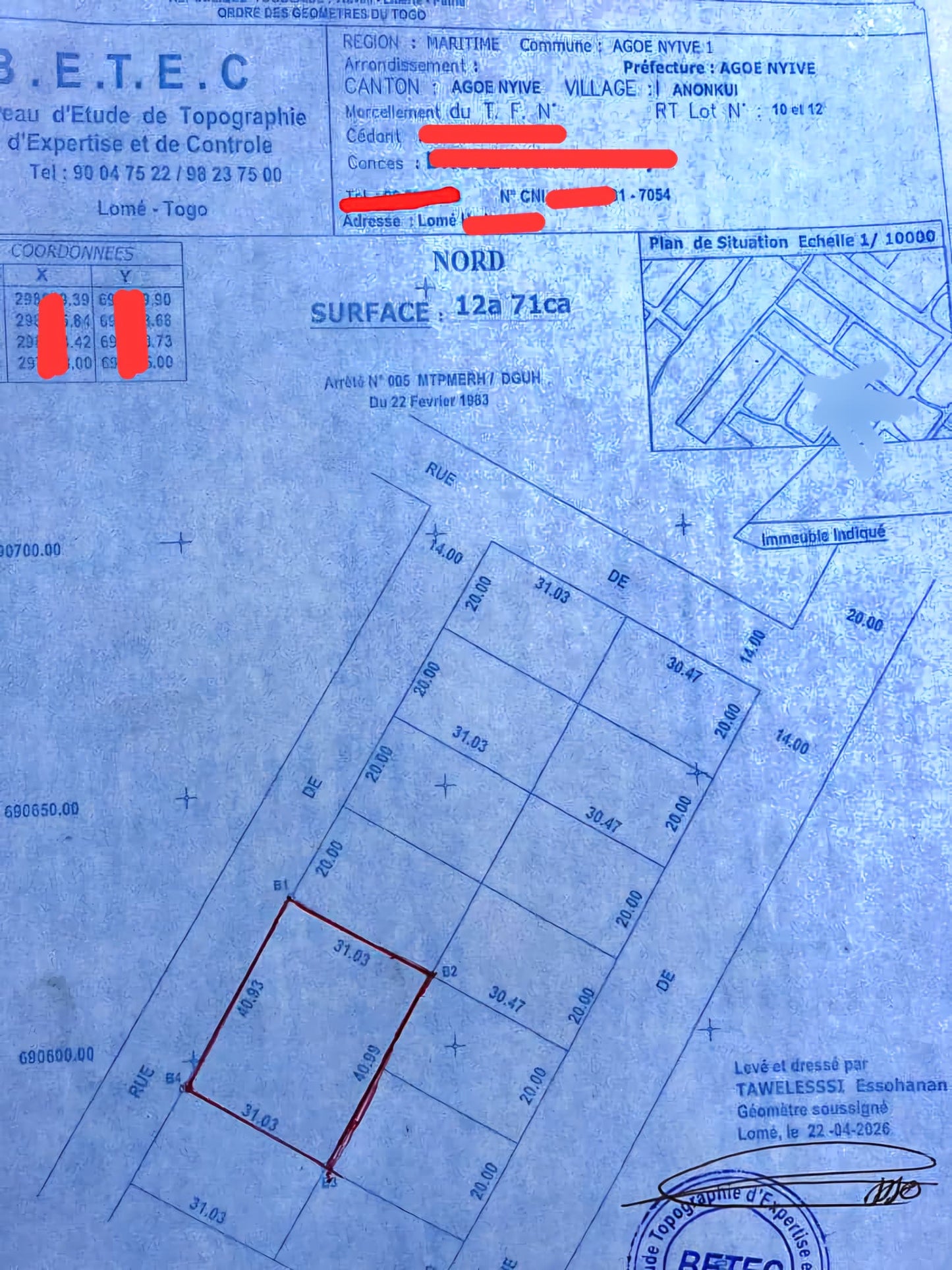 Demi-lot en vente à Agoè Anokui près de la base TDE – 14 500 000 FCFA