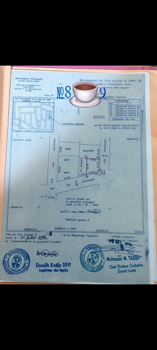 Terrain de 412 m² en vente en angle de rue à Segbé Rasta – 15 millions FCFA