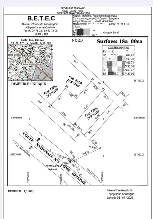 Terrain de 3 lots en vente à Adidogomé Apedokoé, proche du goudron – 26 millions FCFA le lot