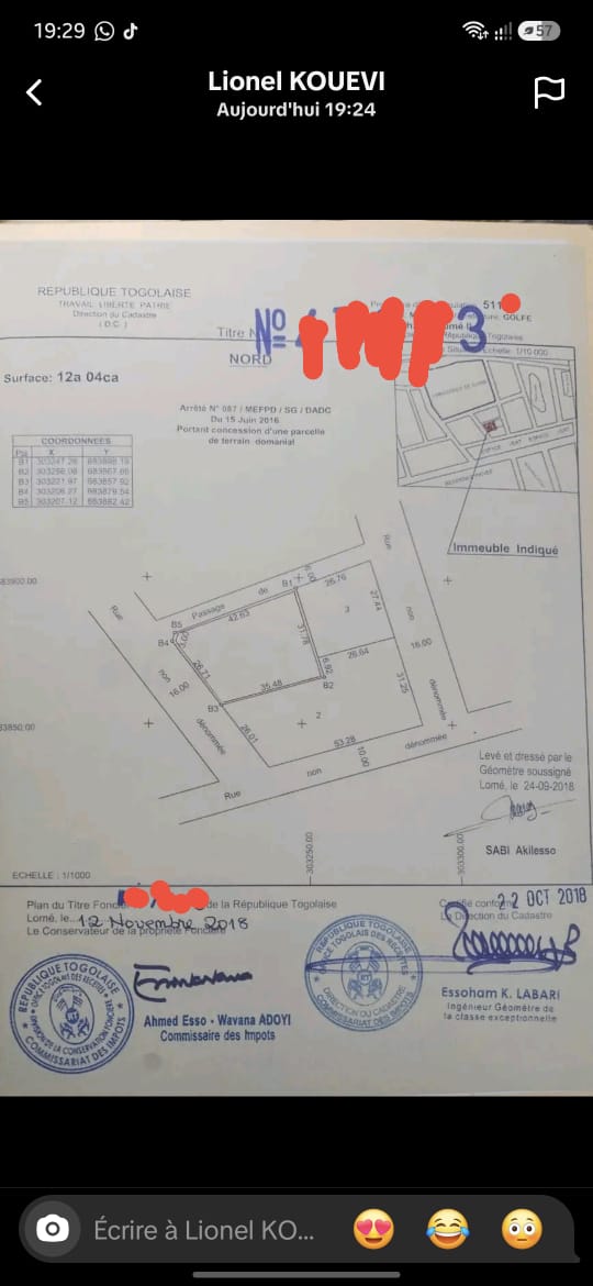 Terrain de 300 m² en vente à Lomé Cité Oua près de l'ambassade de Chine - 250 millions FCFA