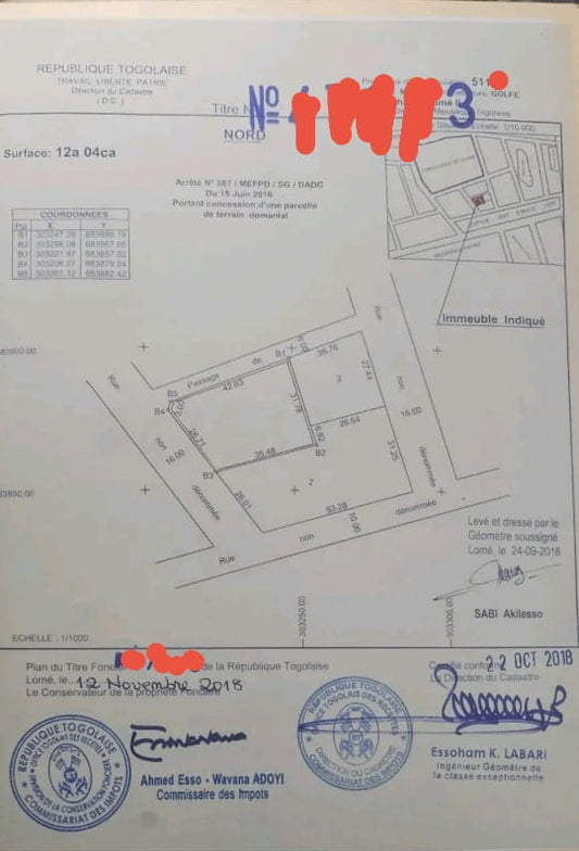 Terrain de 300 m² en vente à Lomé Cité Oua près de l'ambassade de Chine - 250 millions FCFA