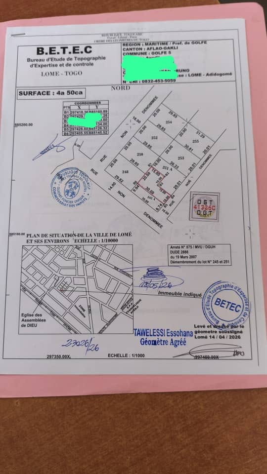 Terrain en vente à Avédji Wessomé – 25 millions FCFA
