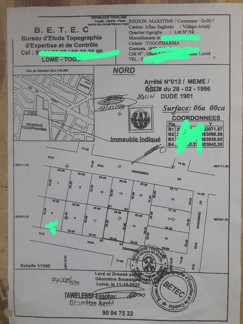 Terrain 1 lot en vente à Adidogomé – 52 millions FCFA